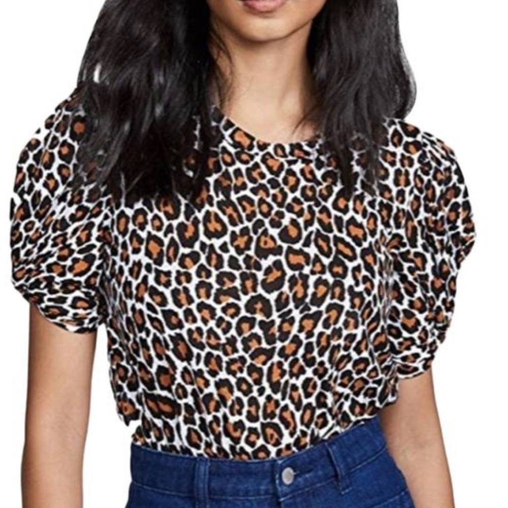 A.L.C. Kati Puff Sleeve Tee Leopard Print Cotton Size MEDIUM